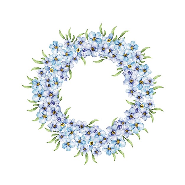 Fleurs de printemps bleues en couronne pour mariage. Élément décoratif