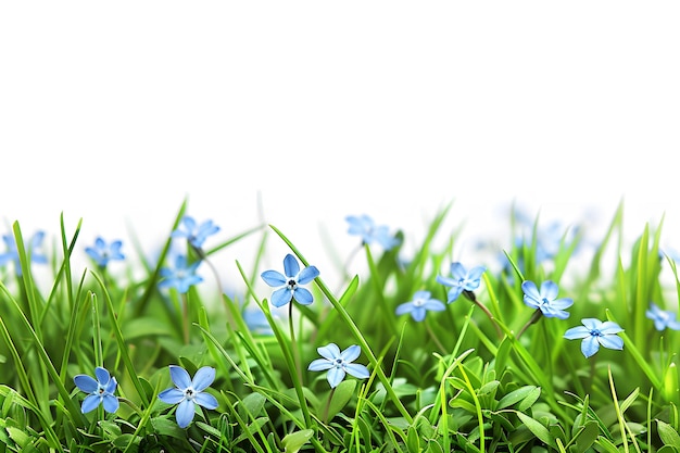 Photo des fleurs de printemps bleues dans l'herbe verte isolées sur un fond blanc premières fleurs de printemps