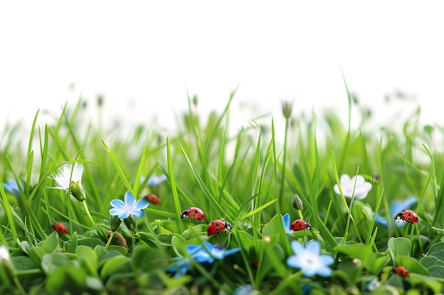 Photo des fleurs de printemps bleues dans l'herbe verte isolées sur un fond blanc premières fleurs de printemps