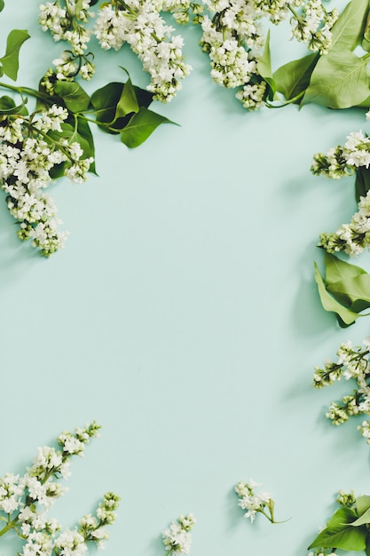 Fleurs de printemps. Cadre de brindilles de lilas blanc en fleurs sur fond bleu. vue de dessus. place pour le texte