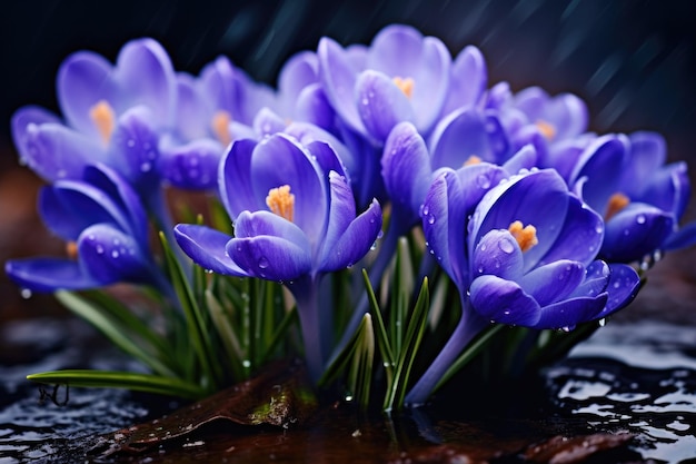 Des fleurs de printemps de crocus bleus dans des gouttes d'eau