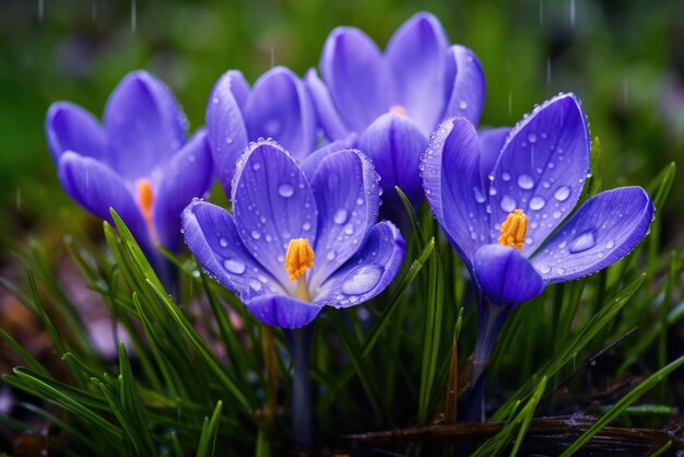 Des fleurs de printemps de crocus bleus avec des gouttes d'eau