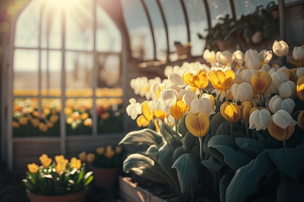 Fleurs de printemps dans l'illustration de la serre ensoleillée du matin AI générative