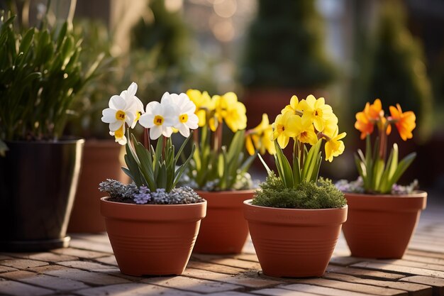 Des fleurs de printemps dans des pots Bon contexte de Pâques Des semis et du jardinage