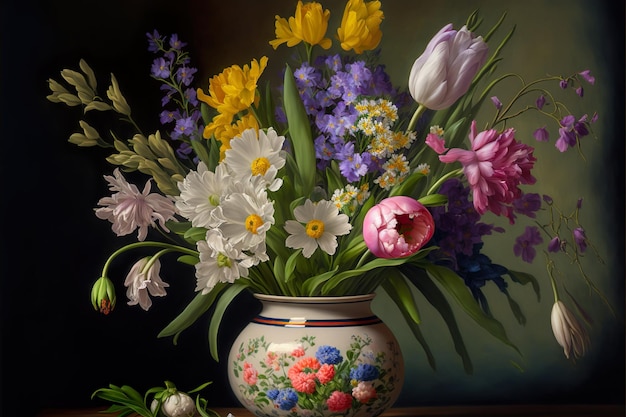 Fleurs de printemps dans un vase à fleurs, peinture à l'huile, peinture immobile, Ai génératif