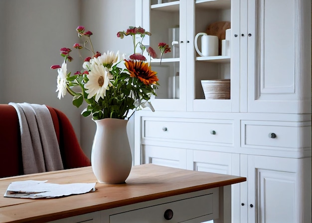 Fleurs de printemps dans un vase en verre sur une table en bois dans la cuisine Intérieur scandi élégant et contemporain généré par l'IA