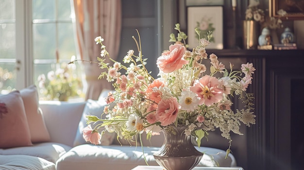 Des fleurs de printemps dans un vase vintage, de beaux arrangements floraux, décoration de la maison, mariage et design de fleuriste.