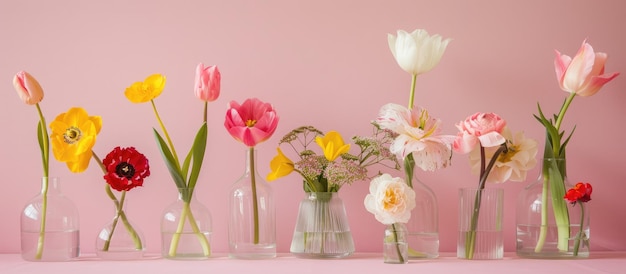 Des fleurs de printemps dans des vases de verre sur un fond rose doux