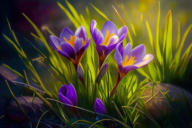 Fleurs de printemps Fleurs de crocus sur l'herbe avec la lumière du soleil Ai générative