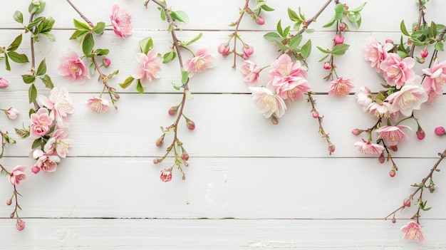 Des fleurs de printemps Des fleurs roses sur un fond blanc en bois