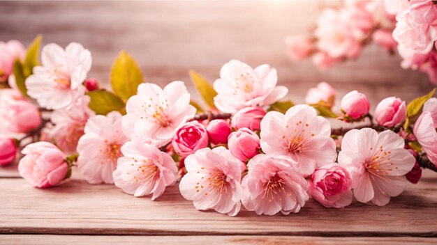 Fleurs de printemps sur un fond blanc de planche de bois Fleurs d'abricot de Pâques sur un paysage de planche en bois