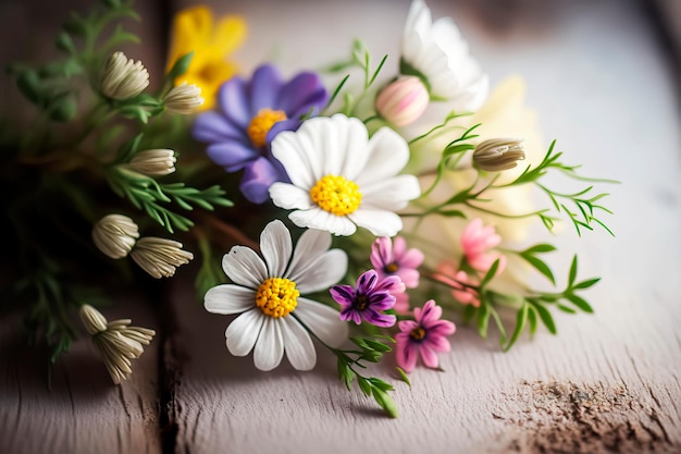 Fleurs de printemps sur fond de bois blanc Generative AI