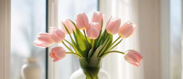 Des fleurs de printemps fraîches, des tulipes rose clair, un bouquet dans un vase en verre sur la table, un intérieur moderne et léger.