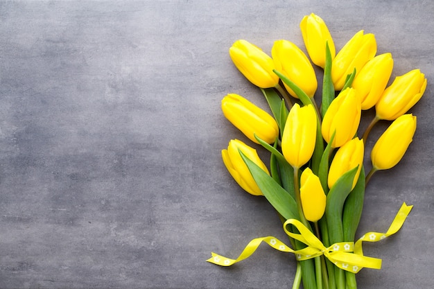 Fleurs de printemps jaune, tulipe sur gris