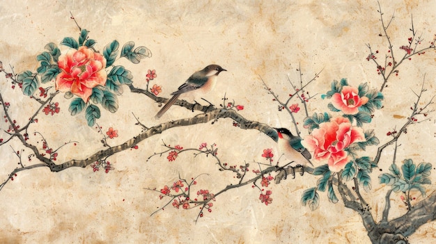 Photo des fleurs de printemps et des oiseaux sur toile