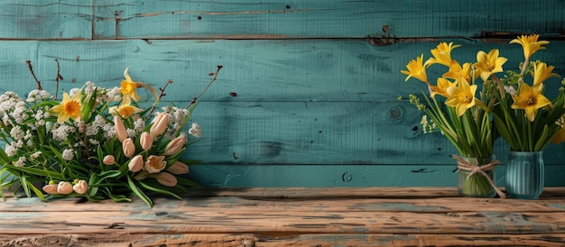 Des fleurs de printemps s'épanouissent avec une table en bois comme décoration de fond