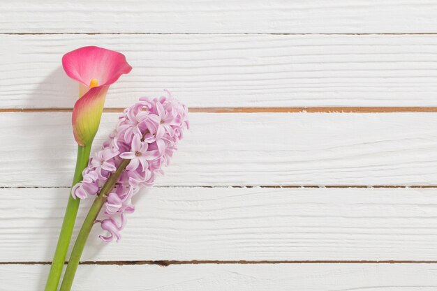 Fleurs de printemps sur une surface en bois blanche