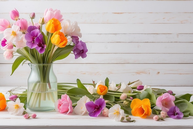 Des fleurs de printemps sur une table en bois blanc