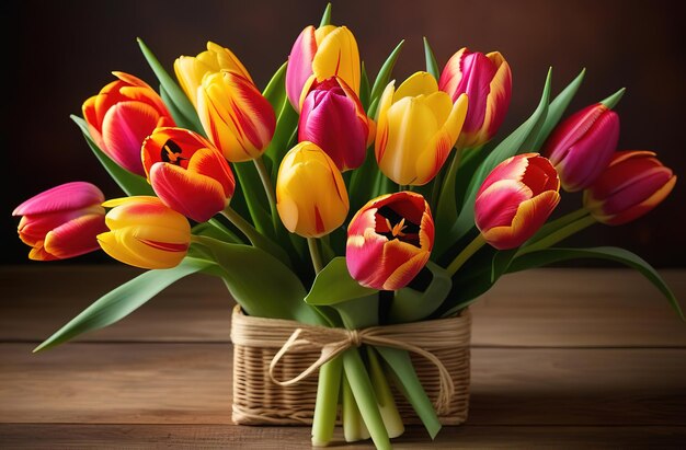 Des fleurs de printemps, des tulipes, un panier sur une table en bois, un bouquet rose, rouge et jaune.