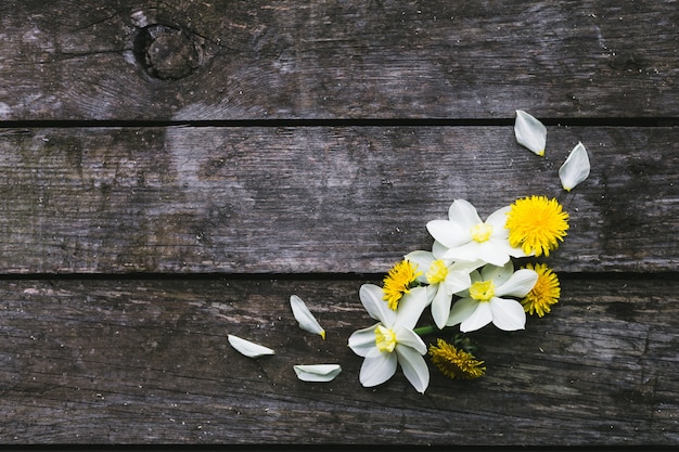 Photo fleurs de printemps sur un vieux fond en bois