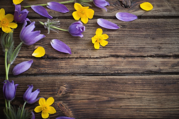 Fleurs De Printemps Violet Et Jaune Sur Fond De Bois Ancien