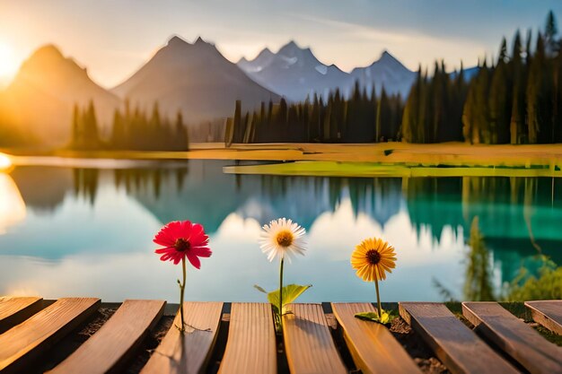 Photo des fleurs sur un quai avec des montagnes en arrière-plan