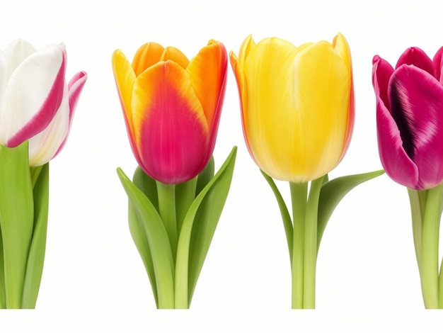 Fleurs rangée de belles tulipes colorées isolées sur fond blanc