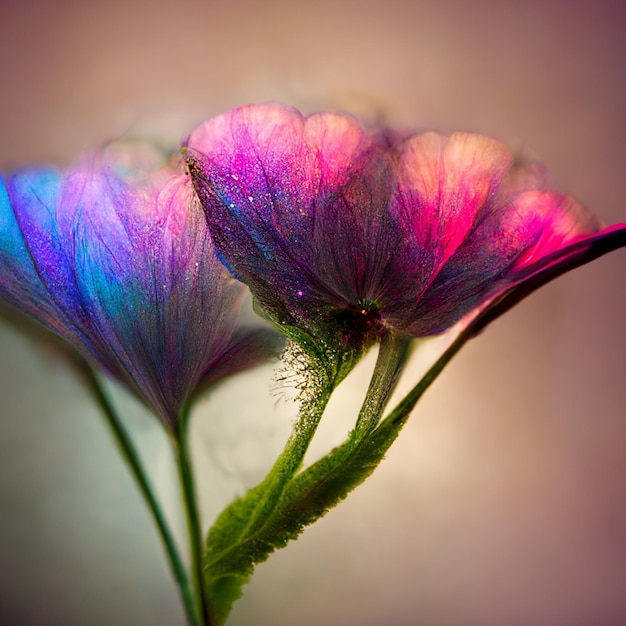 Fleurs réalistes violettes et lilas avec des tiges et des feuilles vertes