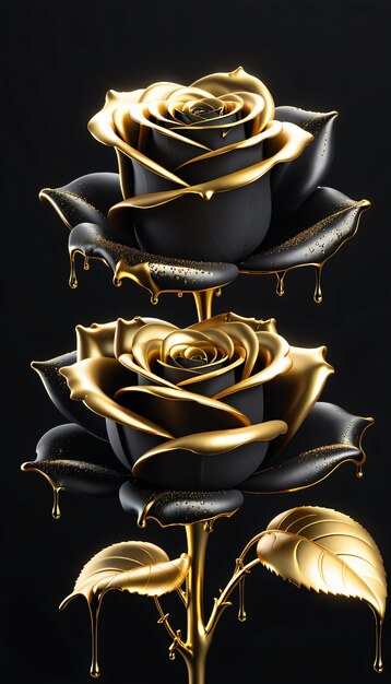 Les fleurs de rose d'élégance dorée 3D avec de l'or noir goutte à goutte