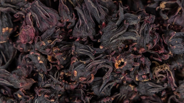 Fleurs de roselle rouge fond et texture séchés, vue de dessus fleurs de roselle rouges séchées à plat.