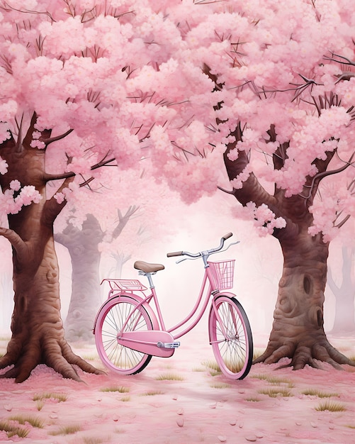 Des fleurs roses sur l'arbre rose avec un vélo