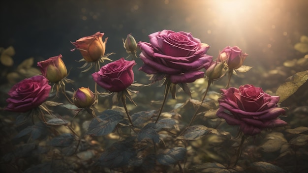 Fleurs roses au coucher du soleil Generative AI