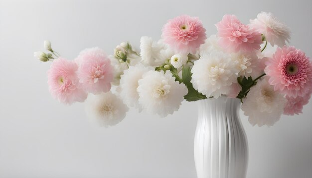 fleurs roses et blanches dans un vase blanc en céramique sur fond blanc