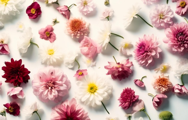 Fleurs roses et blanches disposées sur une surface blanche