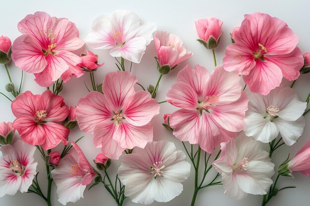 Des fleurs roses et blanches sur un fond blanc