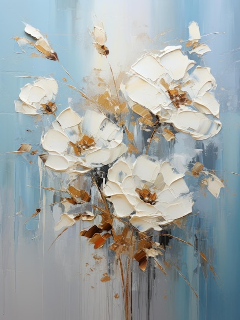 Des fleurs de roses blanches sur un fond bleu abstrait dans une affiche d'art mural de style peinture à l'huile