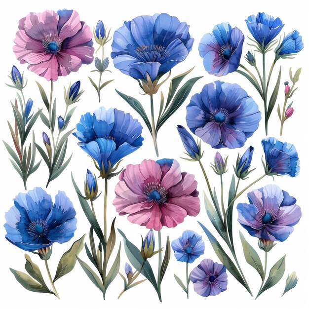 Fleurs roses et bleues fleurs de maïs et plantes illustration à l'aquarelle isolée sur blanc