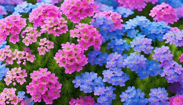 Photo des fleurs roses et bleues verbena de près