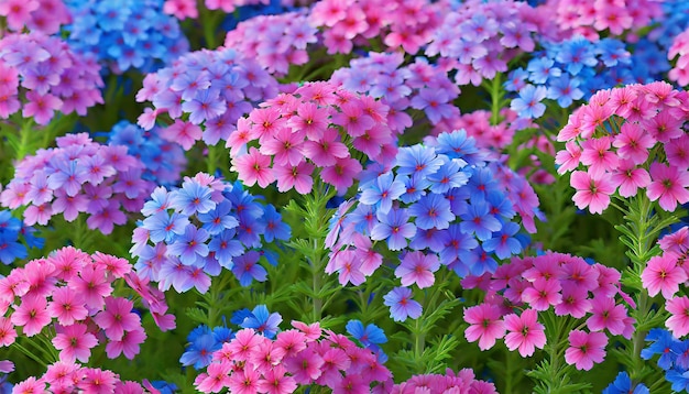 Photo des fleurs roses et bleues verbena de près