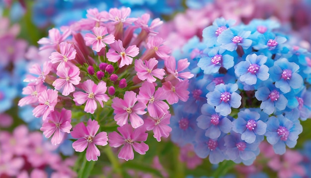 Photo des fleurs roses et bleues verbena de près