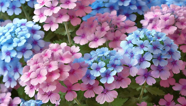 Photo des fleurs roses et bleues verbena de près