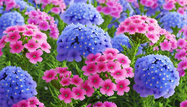 Photo des fleurs roses et bleues verbena de près