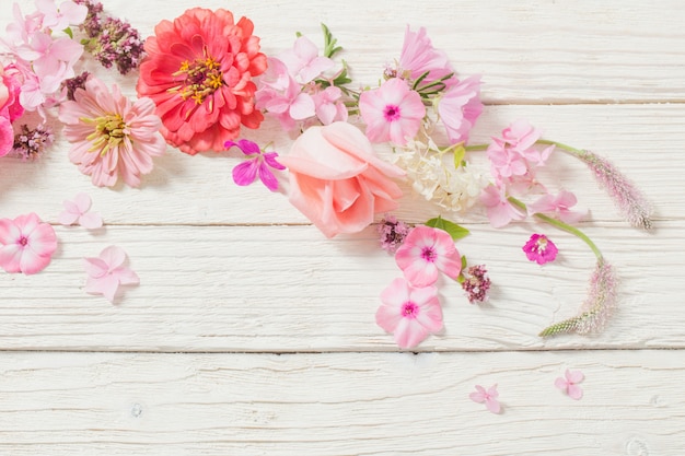 Fleurs roses sur bois blanc