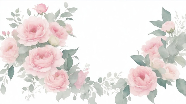 Fleurs roses et bouquet de verdure d'eucalyptus Cadre de fleur d'illustration florale aquarelle