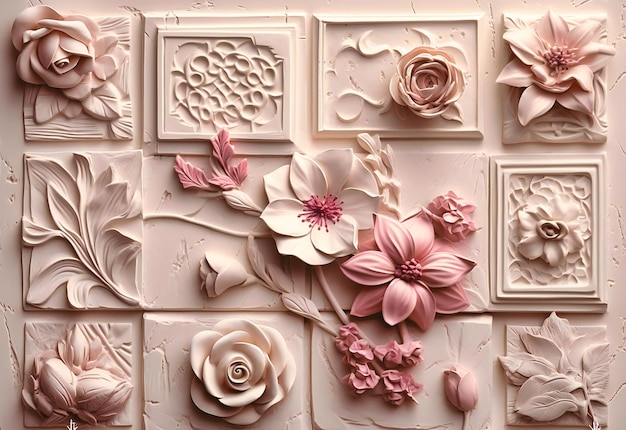 Fleurs roses et carrés sur fond blanc sur le mur