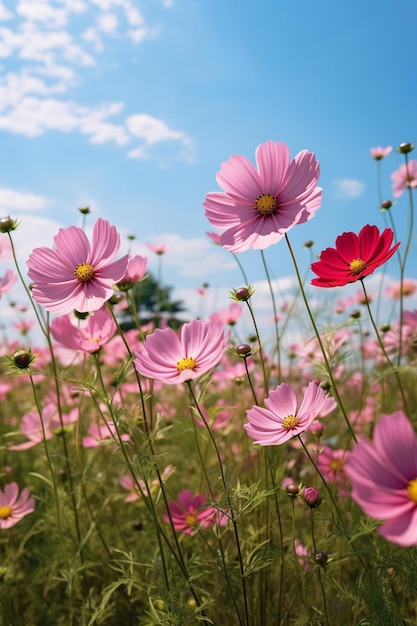 Fleurs roses dans un champ avec un ciel bleu en arrière-plan