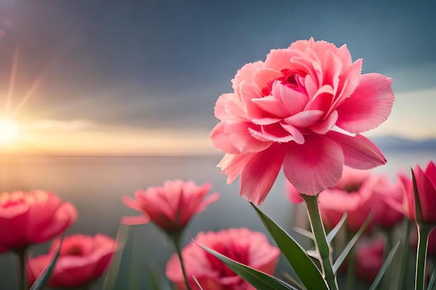 Fleurs roses dans un champ avec un coucher de soleil en arrière-plan