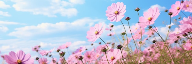 Des fleurs roses dans un champ sur le fond du ciel