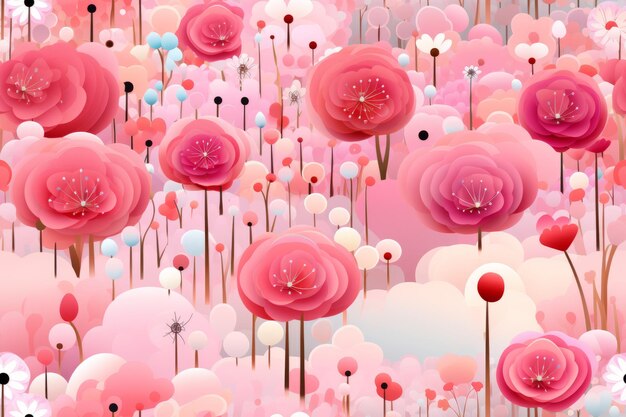 fleurs roses dans un champ avec des nuages en arrière-plan