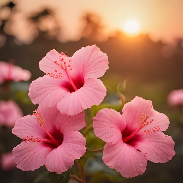 Photo des fleurs roses dans un champ avec le soleil qui se couche derrière elles